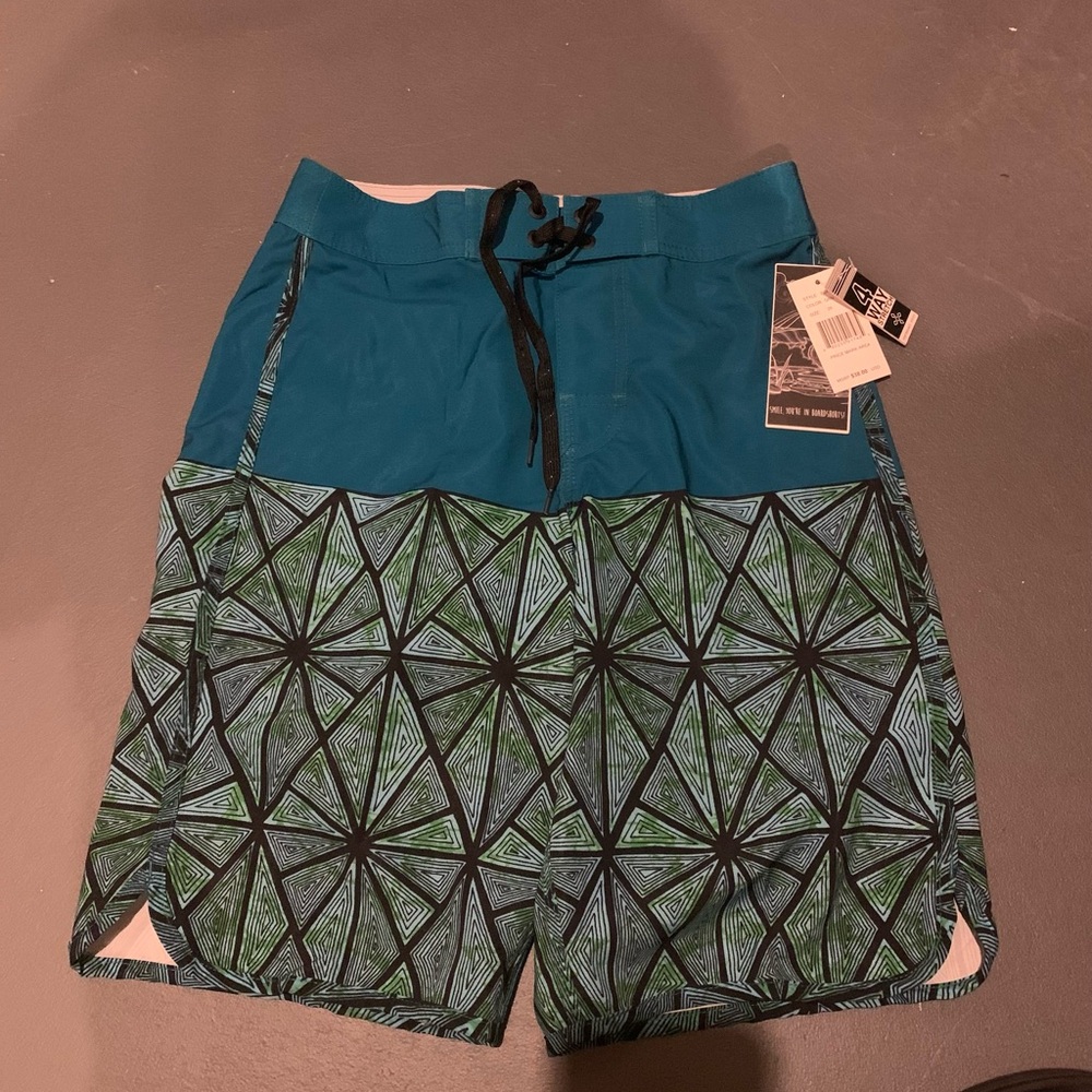 Boys Swim Shorts Dark Teal & Green Geometric 26 waist